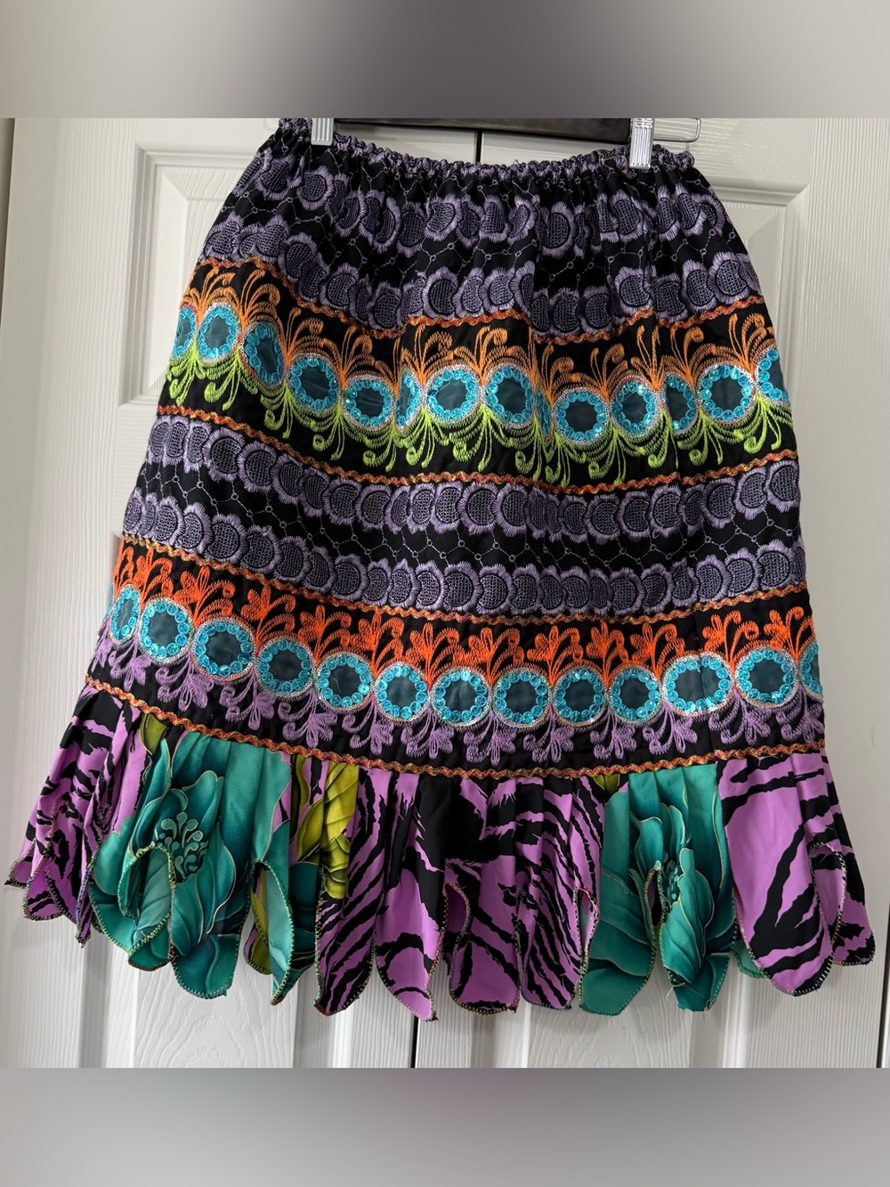 OOAK Artisan Boho Embroidered Festival Skirt Handkerchief Hem M/L